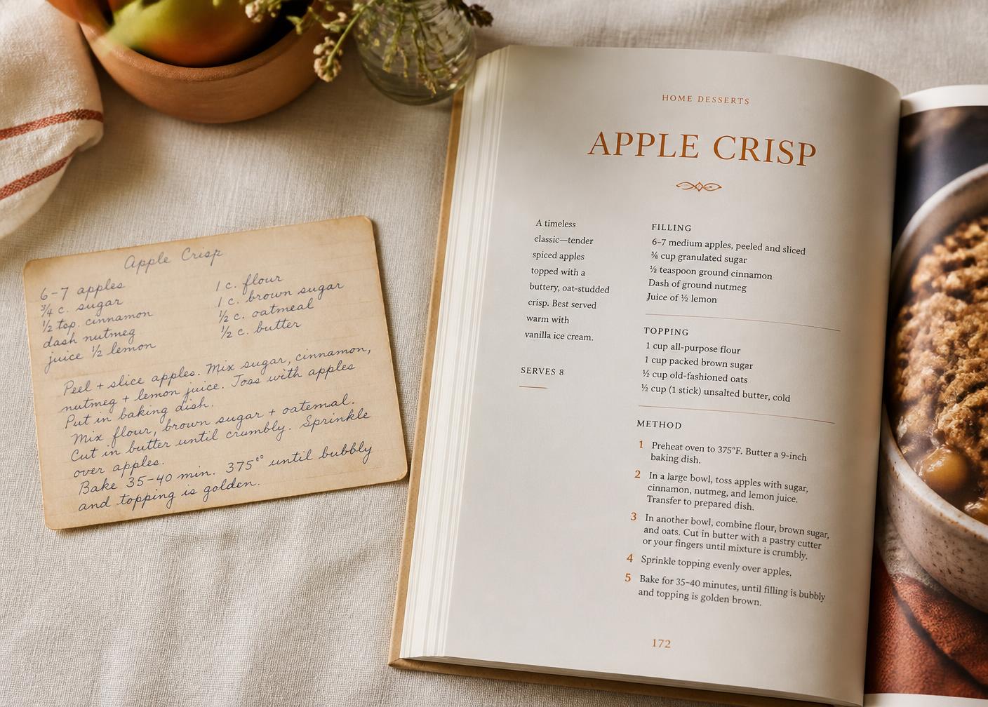 A handwritten apple crisp recipe card beside the same recipe typeset in a printed cookbook