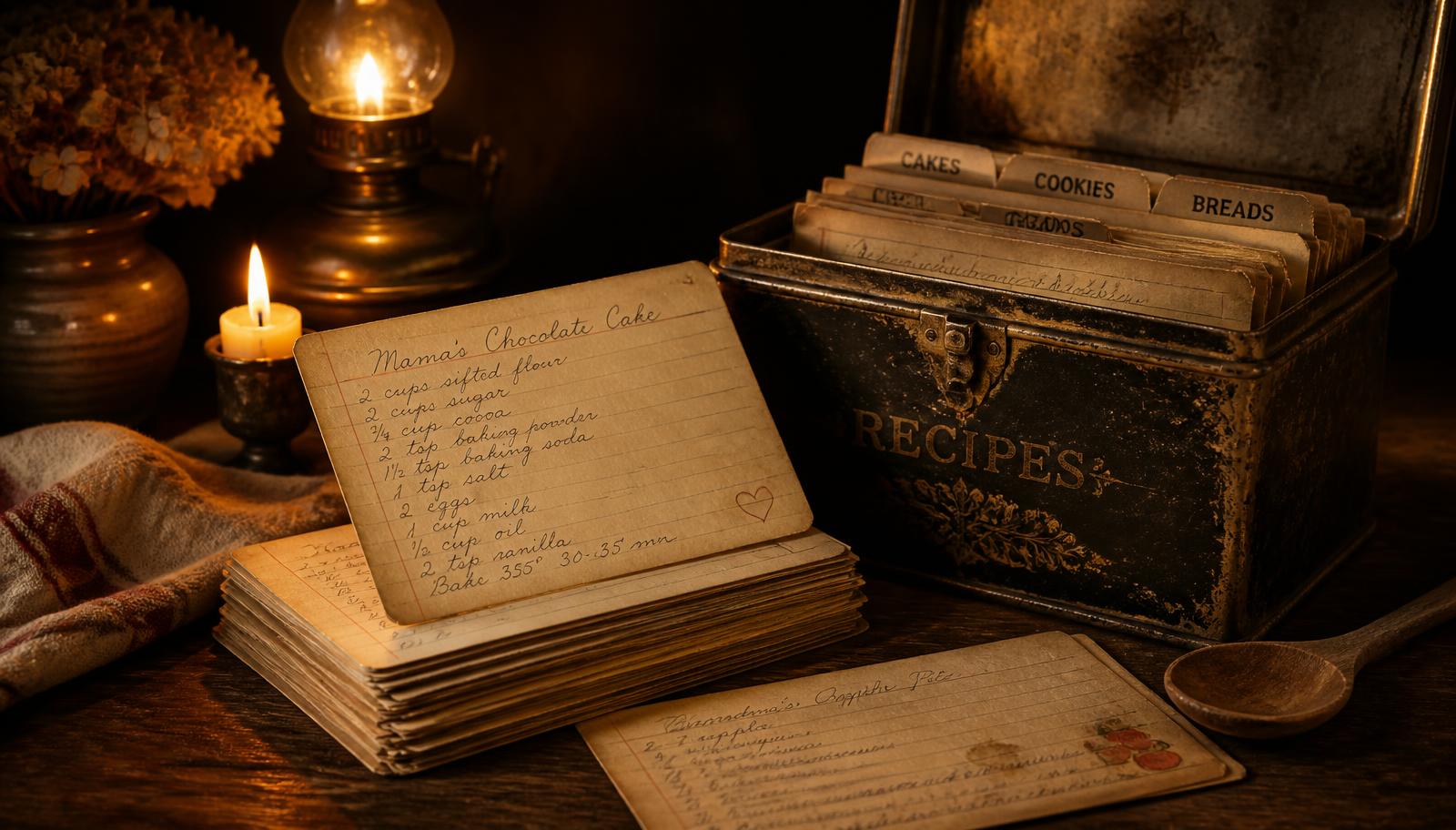 A stack of old handwritten recipe cards beside a tin recipe box in lamplight